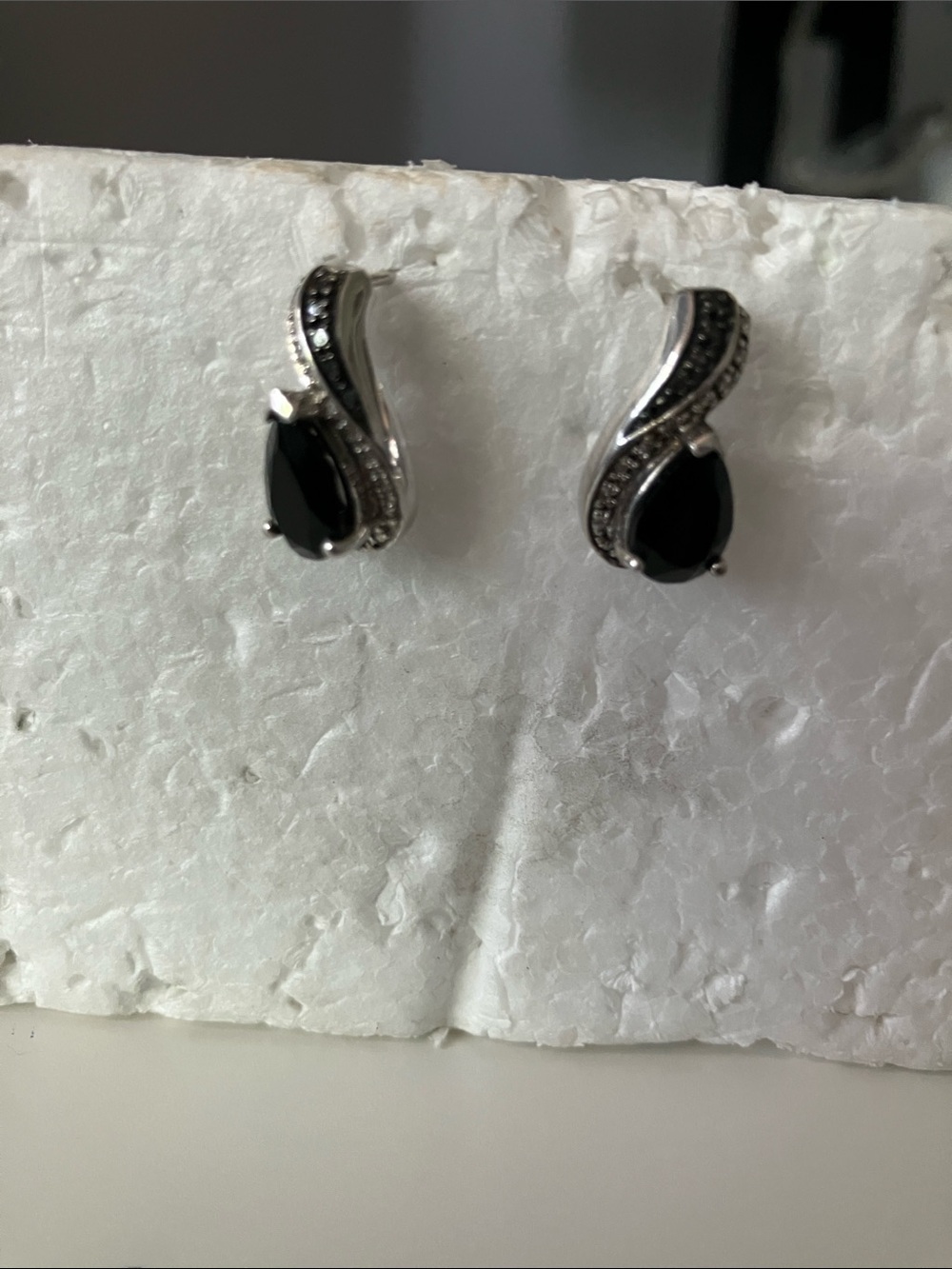 Sterling Silver Black Teardrop Earrings with Pavé Accents